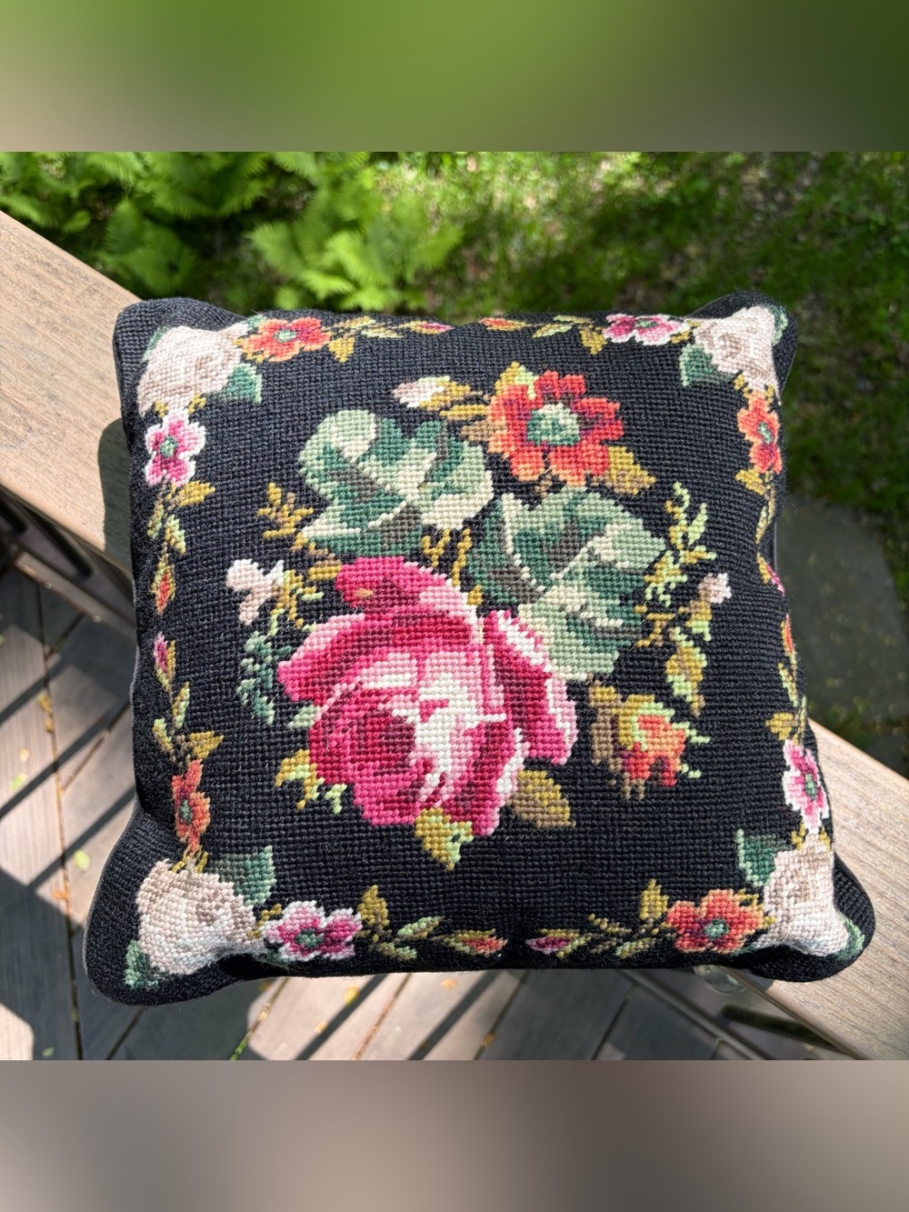 Vintage Needlepoint Accent Pillow Floral Rose Black Velvet Backing Zipper 1991